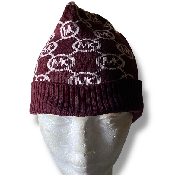 Michael Kors Rib Knit Beanie All-Over MK Print Burgundy White One Size NWT - Picture 8 of 11